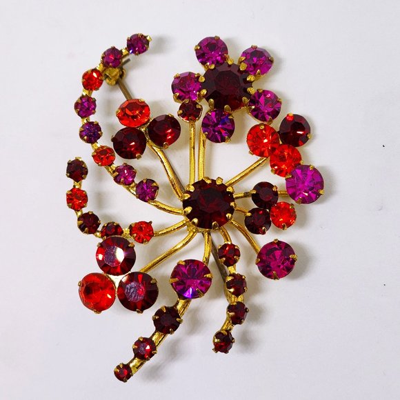 1950's Stunning Red, Orange, Pink Austrian Crystal Pin Brooch Made in Austria - Picture 6 of 7